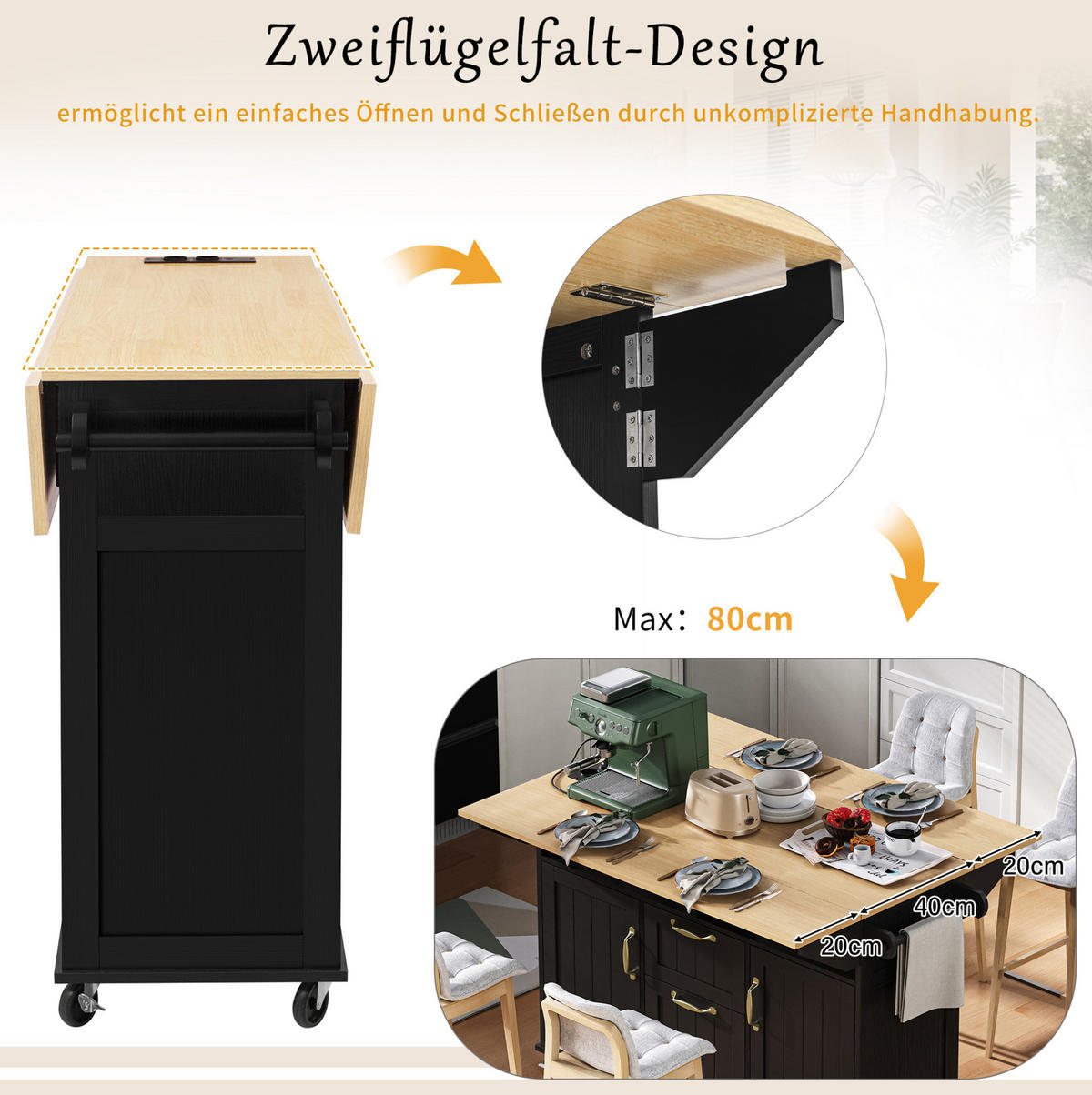 KUECHENINSEL mit Klapptisch 120 cm Schwarz/Natural - Schwarz, Holz (80/92/120cm) - Beauniv