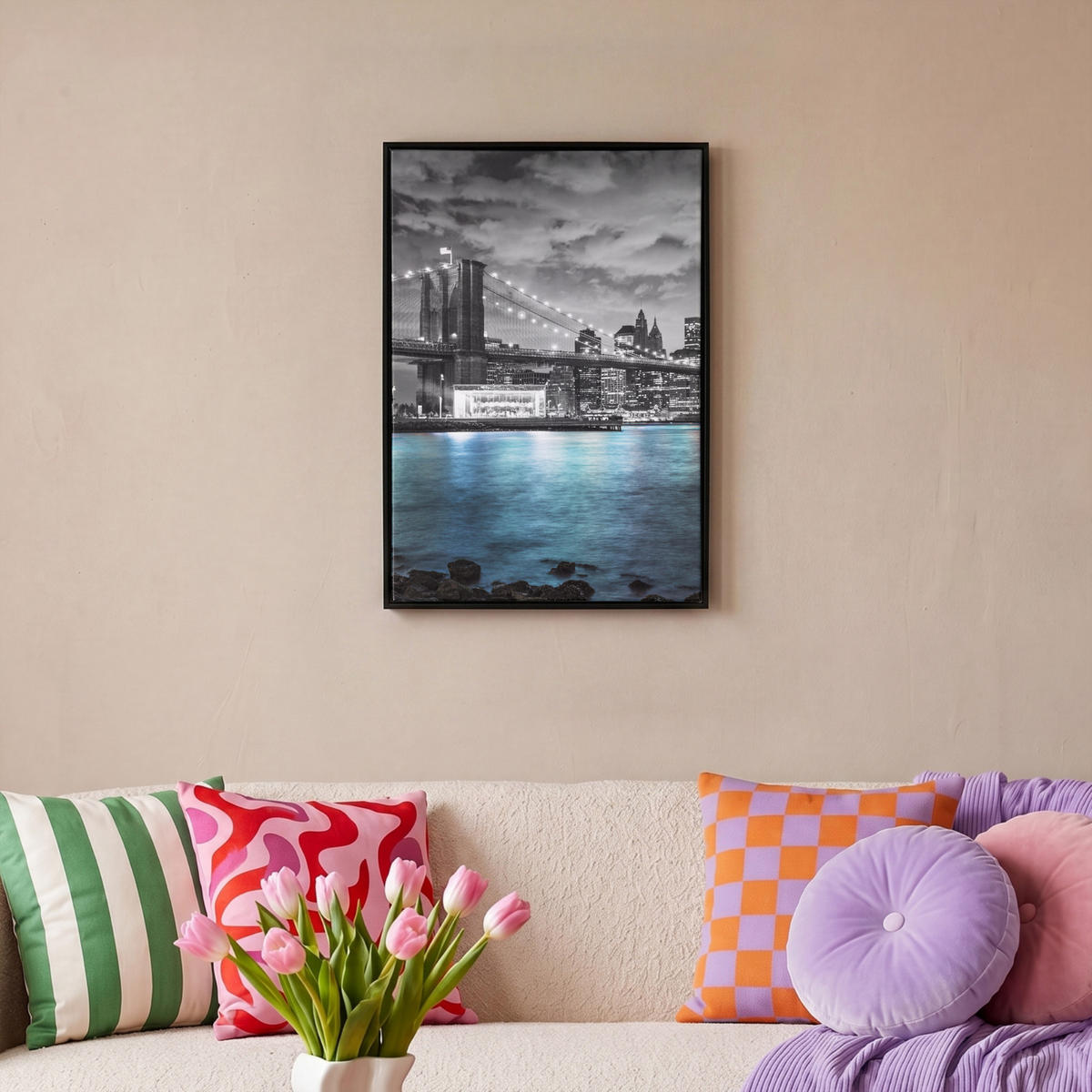 LEINWAND Bilder mit Rahmen - New York - Skyline - Stadt - Blau - 40x60 - Blaugrau, Textil (40/60cm) - MuchoWow