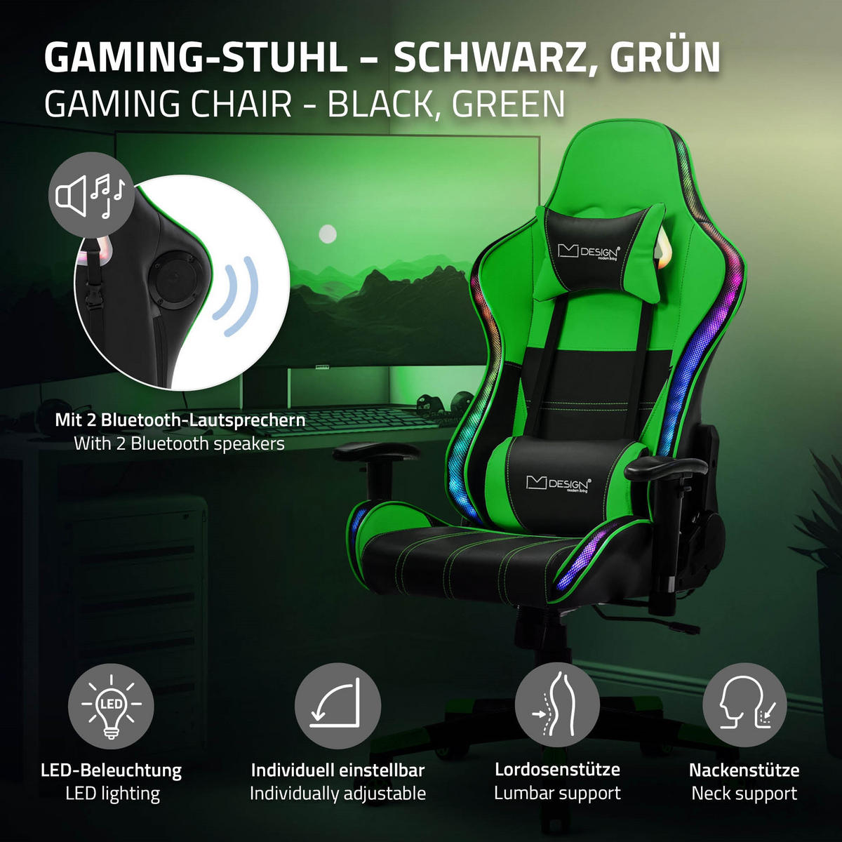 GAMINGSTUHL mit RGB Licht und Lautsprecher, Grün, aus Kunstleder - Schwarz/Grün, Kunststoff/Metall (68/132/66cm) - ML-DESIGN