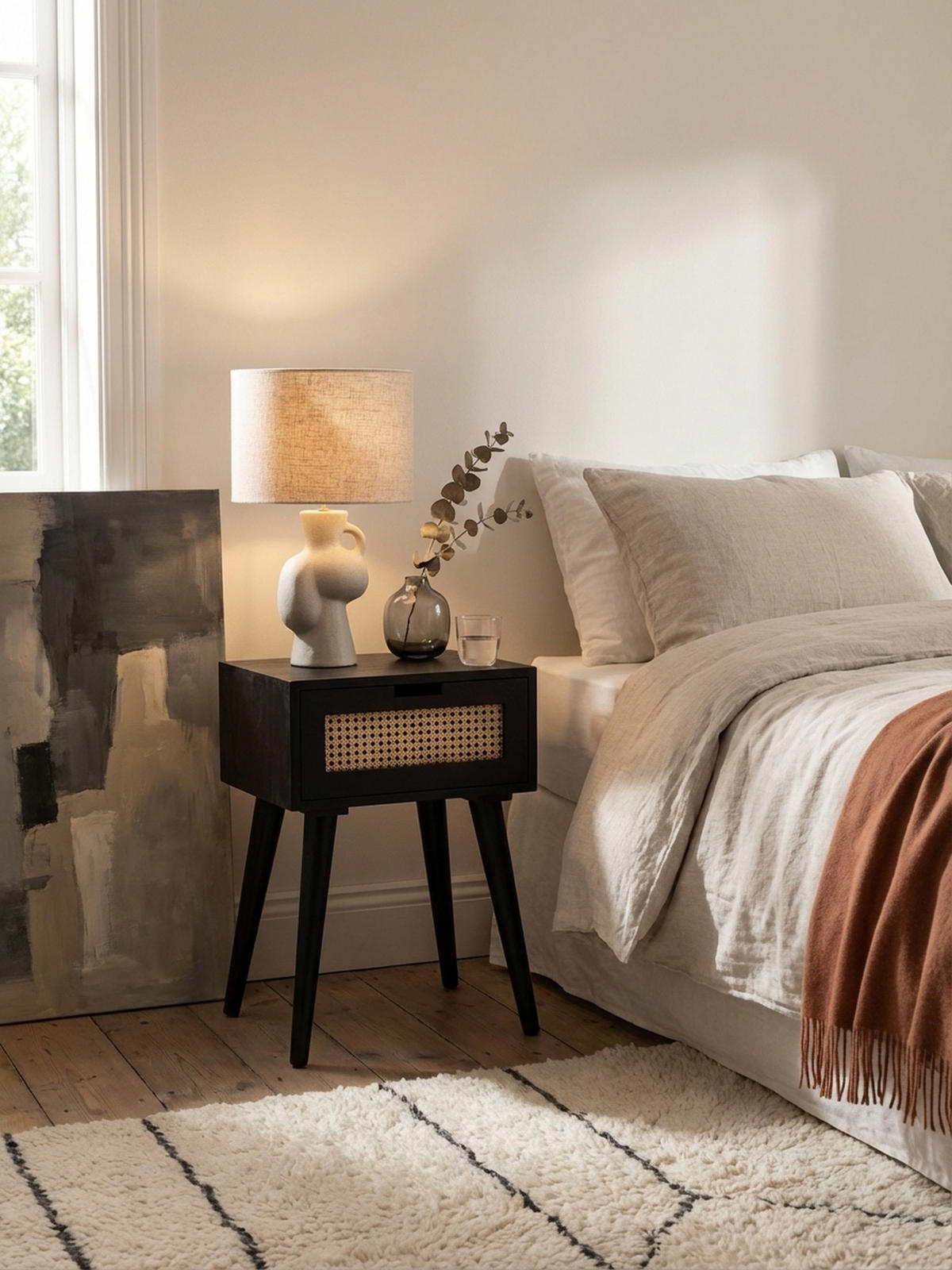 NACHTTISCH – Mango Massivholz/Rattan, 40x60x30 cm, Schwarz, 1 Schublade, Wiener Geflecht - Schwarz, Holz (40/60/30cm) - KADIMA DESIGN