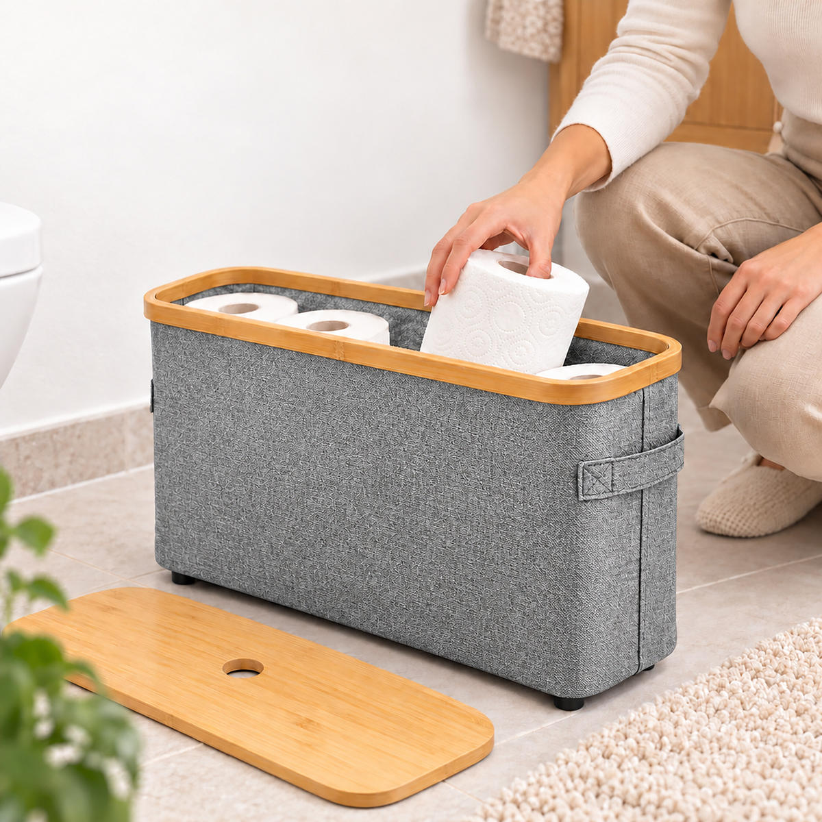 TOILETTENPAPIERBOX Grau Bambus 12 Rollen - Grau, Holz/Kunststoff (45/34.5/15cm) - Relaxdays