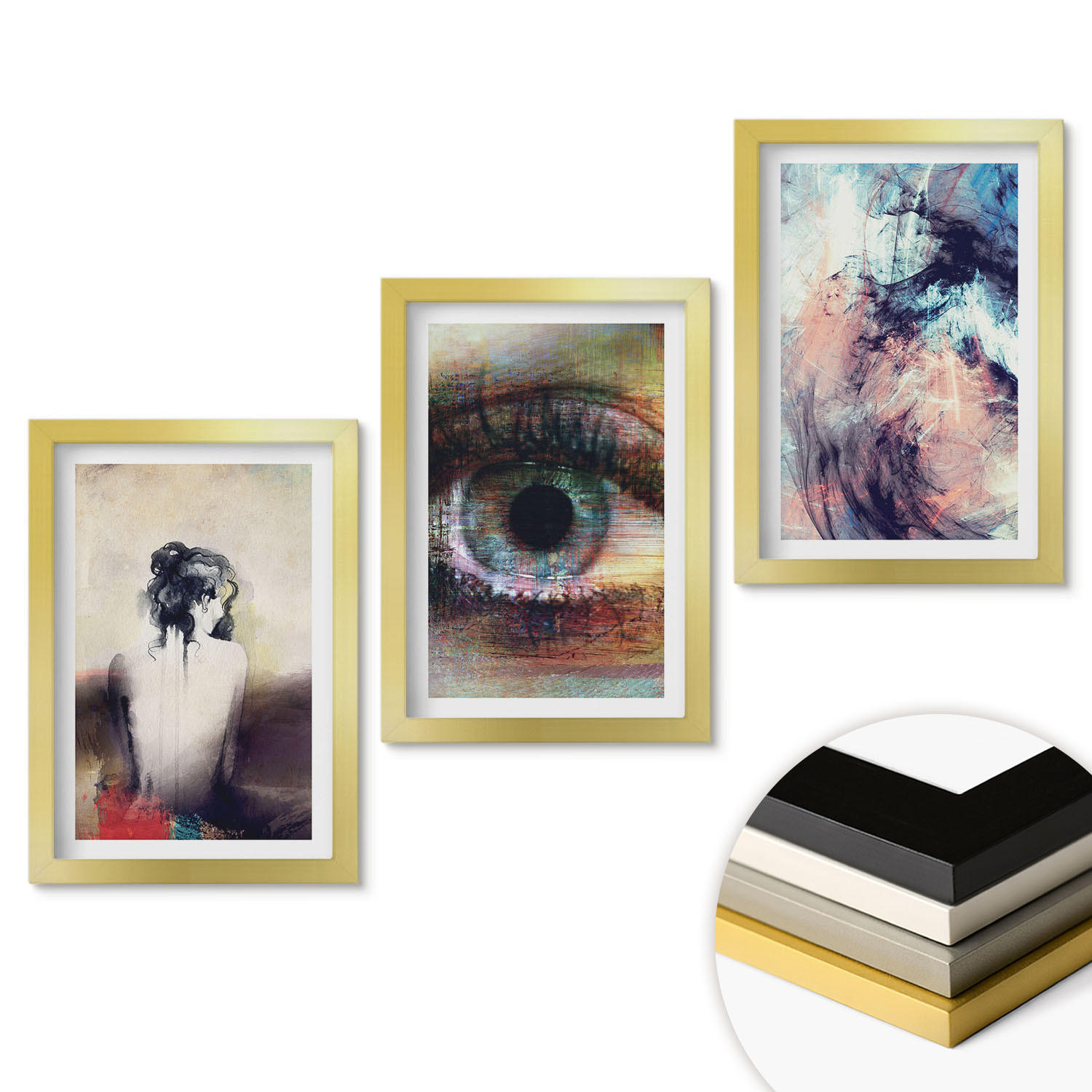 WANDBILDER 3er Set - 20x30 cm Goldrahmen - Porträt einer Frau mit abstrakten Emotionen - Goldfarben, Kunststoff (20/30cm) - ArtPrintCave