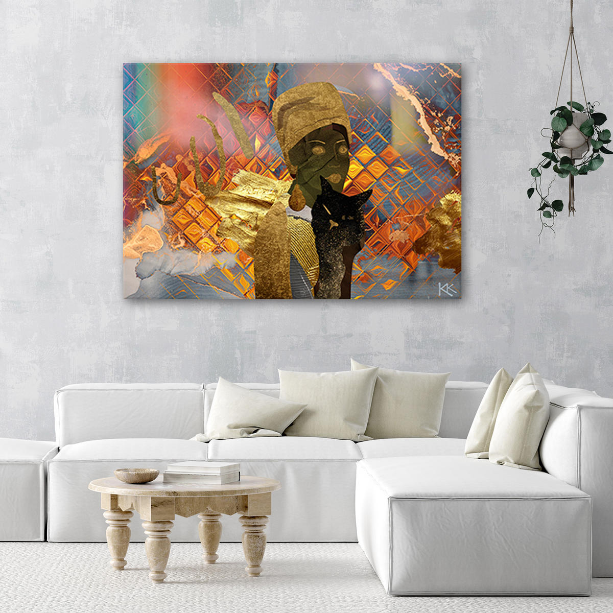 WANDBILD afrikanerin und katze - Goldfarben, Textil (60/40cm) - Feeby