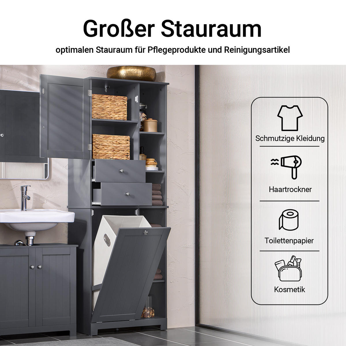 HOCHSCHRANK mit Wäschesack, Grau, Badschrank 60 cm breit, Bad & Waschküche - Grau, Holzwerkstoff (60/170/37cm) - SoBuy