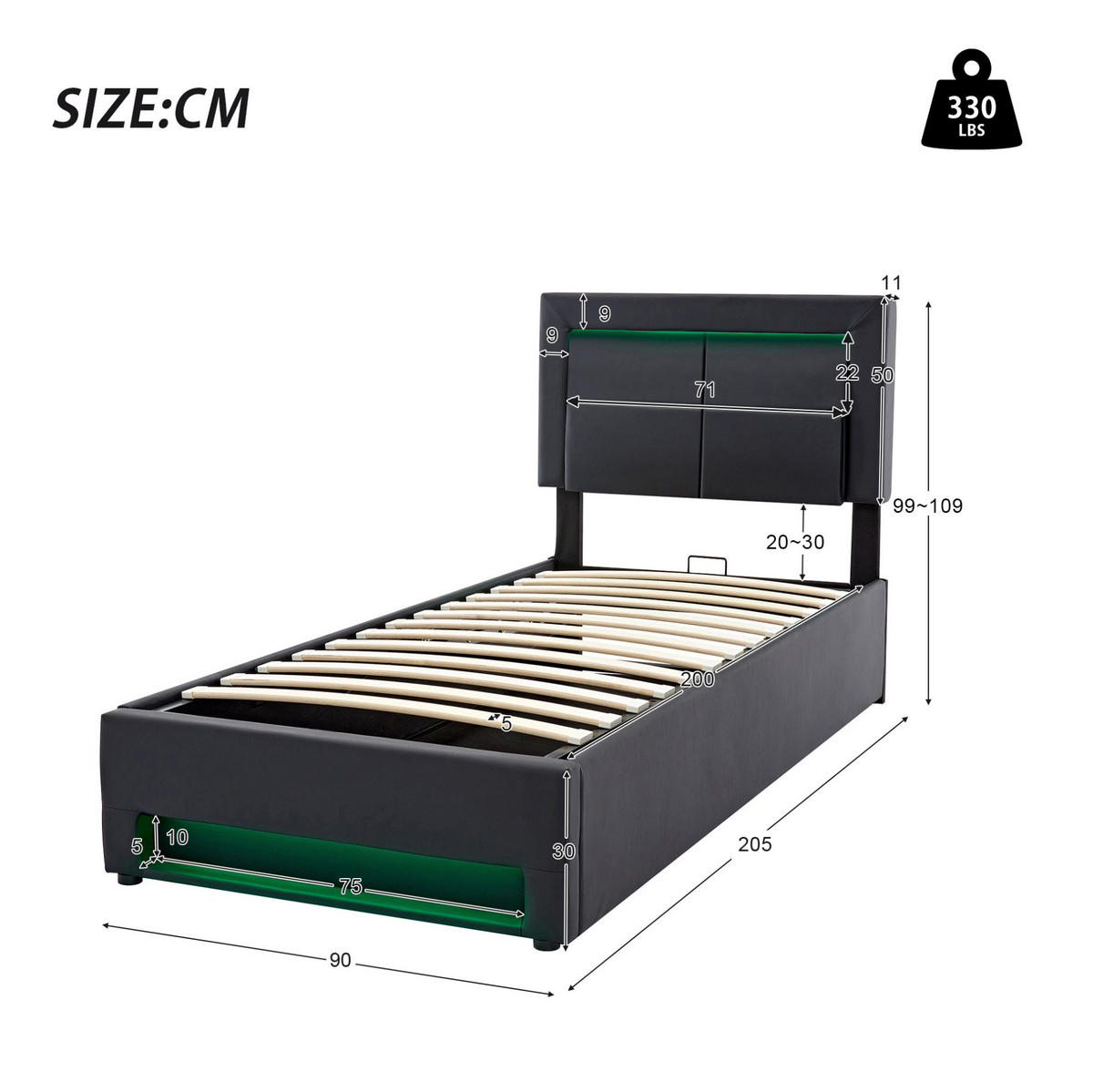 ČALÚNENÁ posteľ 90/200 cm, čierna, s USB, LED a úložným priestorom - čierna, plast (90/200cm) - BEAOK
