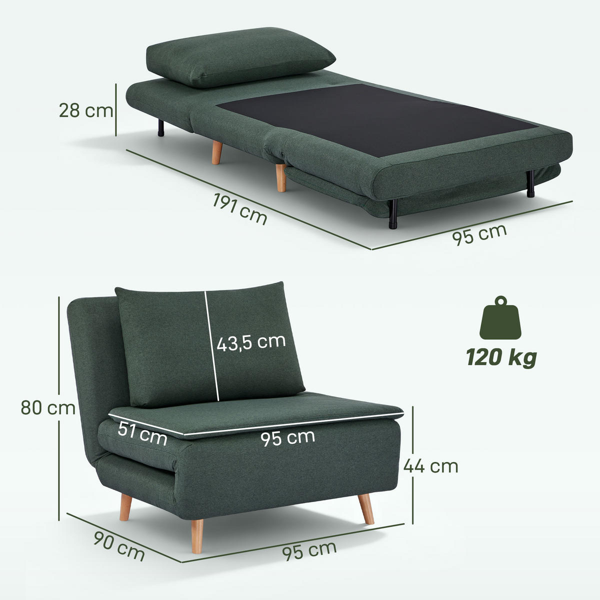 SCHLAFSESSEL 3-in-1 Sessel Bett-Funktion, verstellbare Rückenlehne - Dunkelgrün/Buchefarben, Buchenholz/Textil (90/80/95cm) - HOMCOM