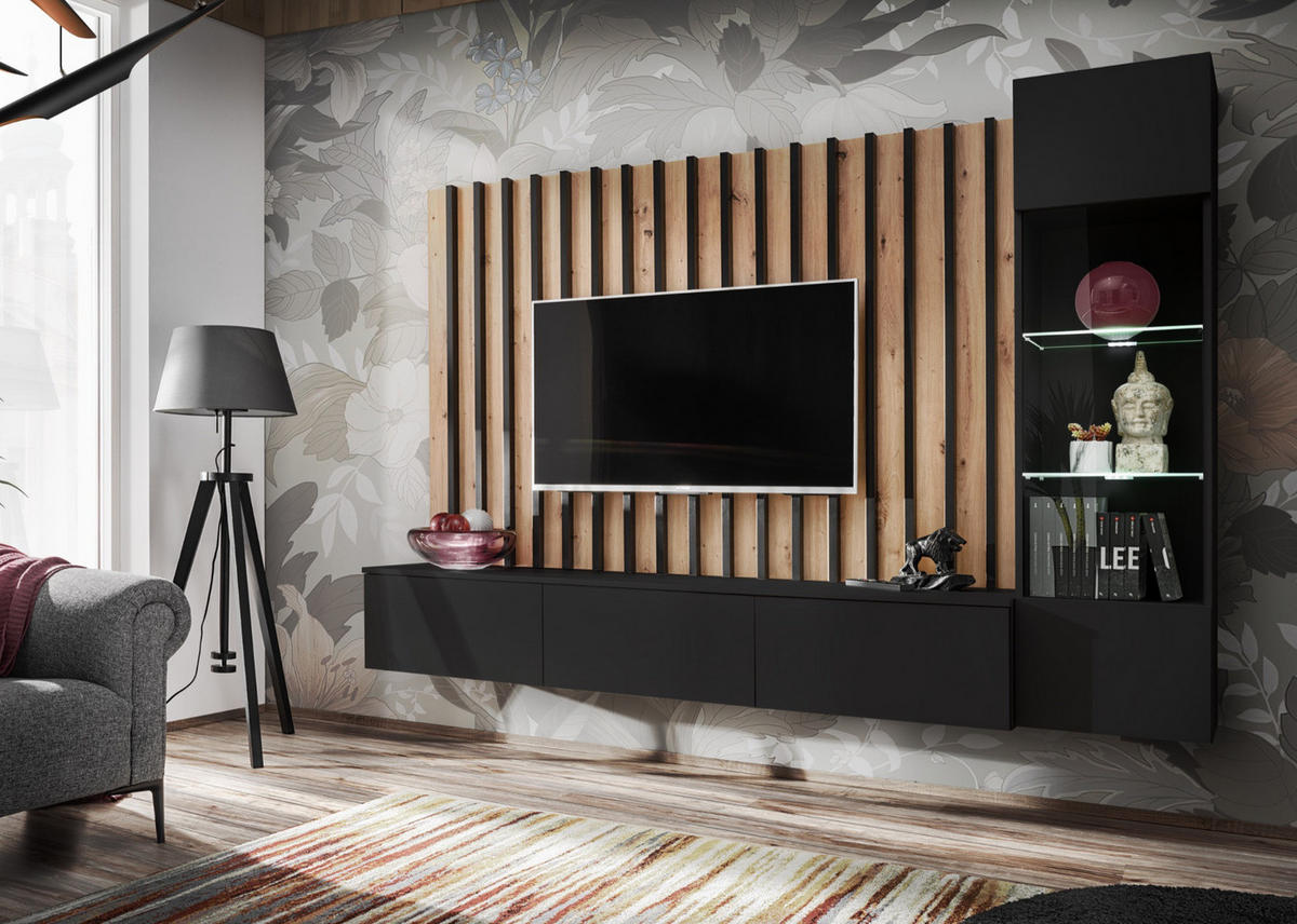 WOHNWAND schwarz, Artisan Eiche 220 cm, Schrankwand mit LED Beleuchtung - Schwarz/Eiche Artisan, Glas/Holzwerkstoff (220/148/35cm) - Furn.Design