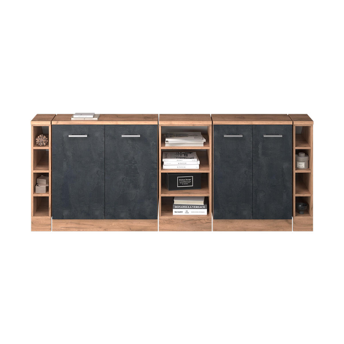KUHINJSKI ORMAR ZA KOSINE KROVA R-Line Crni Beton 210 cm Set od 5 ormarićnih korpusa, dubina 60 cm - hrast medunac/crna, drvni materijal (210/83.8/60cm) - Vicco
