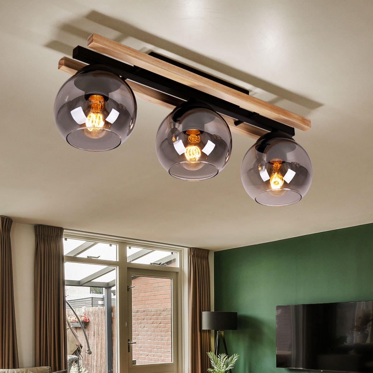 LED DECKENLEUCHTE Conni Braun Holz Glas Rauch - Braun, Glas (60/15/20.5cm) - Globo Lighting