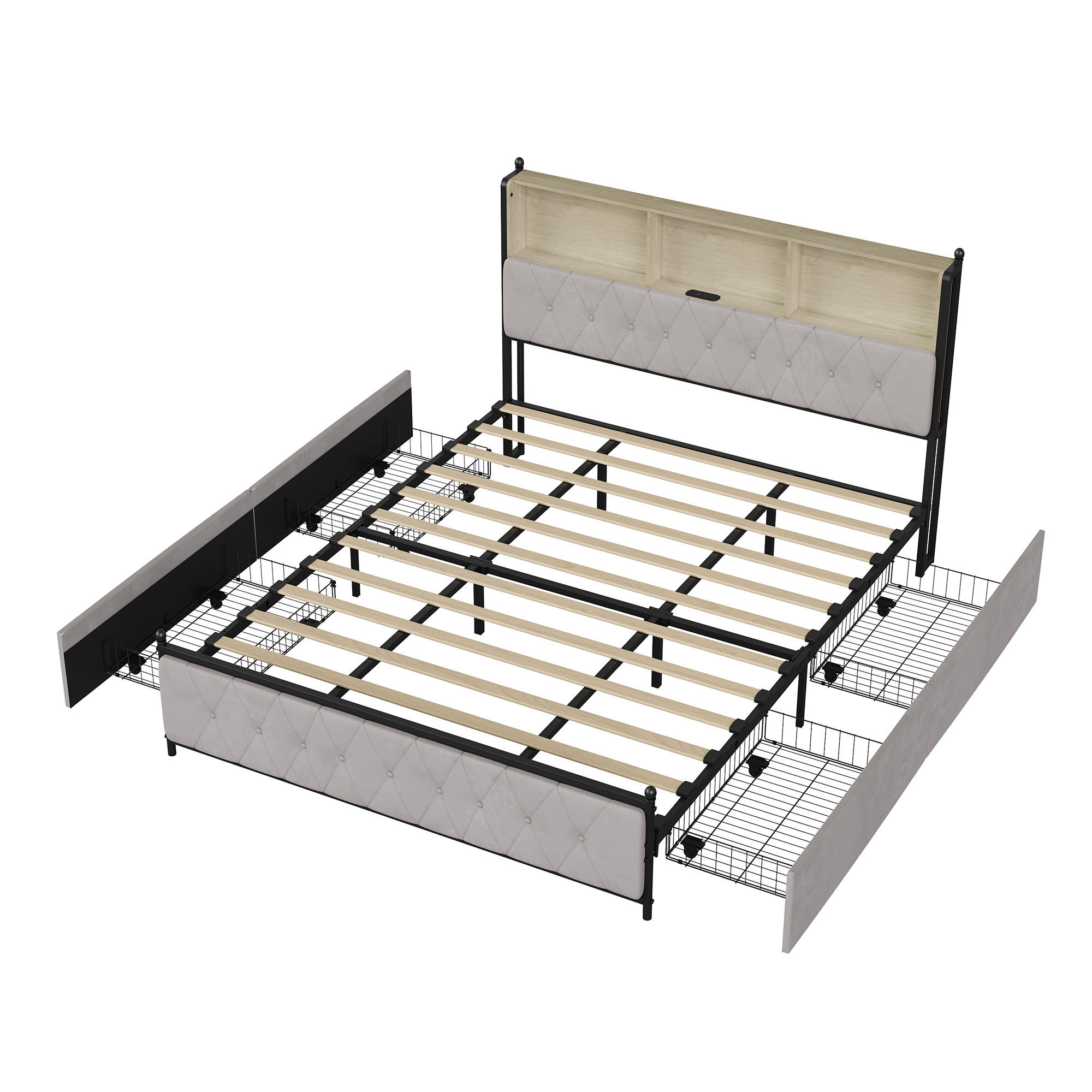 POLSTERBETT 180x200 cm Schubladen USB-Ladestation Samt Doppelbett - Beige, Holz (180/200cm) - PARAFTA HOME