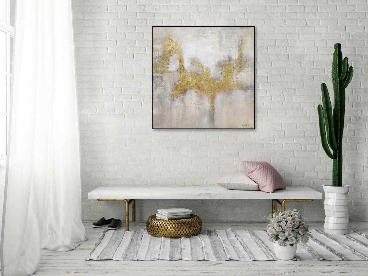 RUČNE MAĽOVANÝ AKRYLOVÝ OBRAZ 80/80 cm, sivý/zlatý, abstraktný geometrický motív - sivá/zlatá, drevo/textil (80/80cm) - KUNSTLOFT