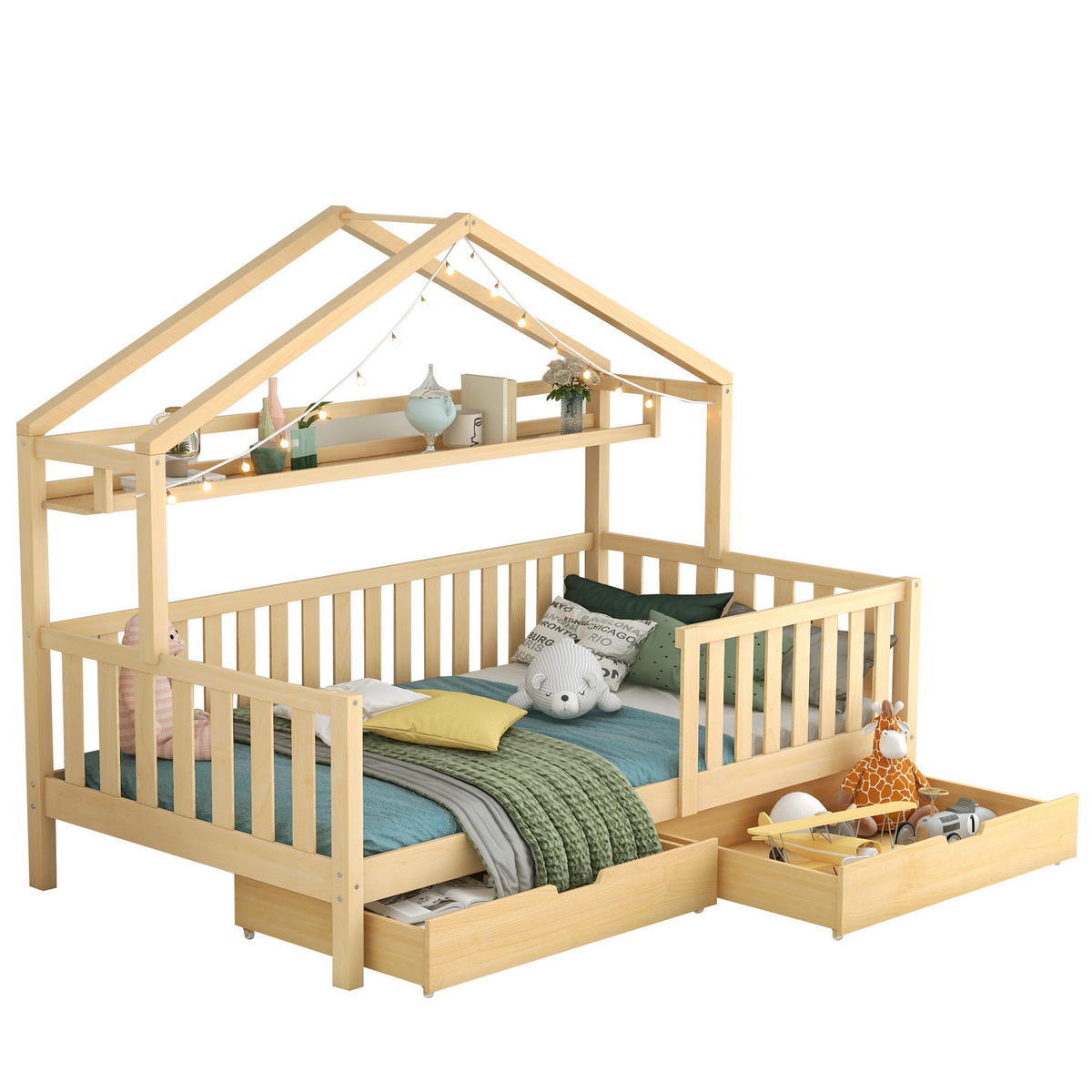 HAUSBETT 90/200 cm Natur mit Schubladen aus massivem Kiefernholz - Naturfarben, Holz (90/200cm) - OKWISH