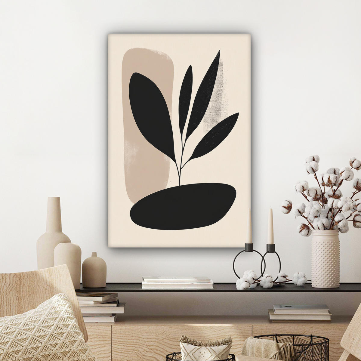 LEINWANDBILD Pflanze - Beige - Japanisch Wanddeko Schlafzimmer 60x90 cm - Schwarz, Textil (60/90cm) - MuchoWow