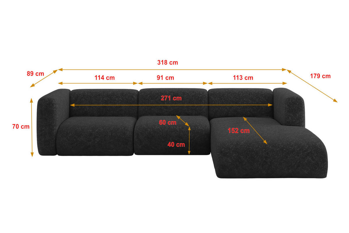 ECKSOFA Ottomane Rechts MIRA-L2 318x179x89 Schwarz Velours - Schwarz, Holzwerkstoff/Kunststoff (318/179cm) - ALTDECOR