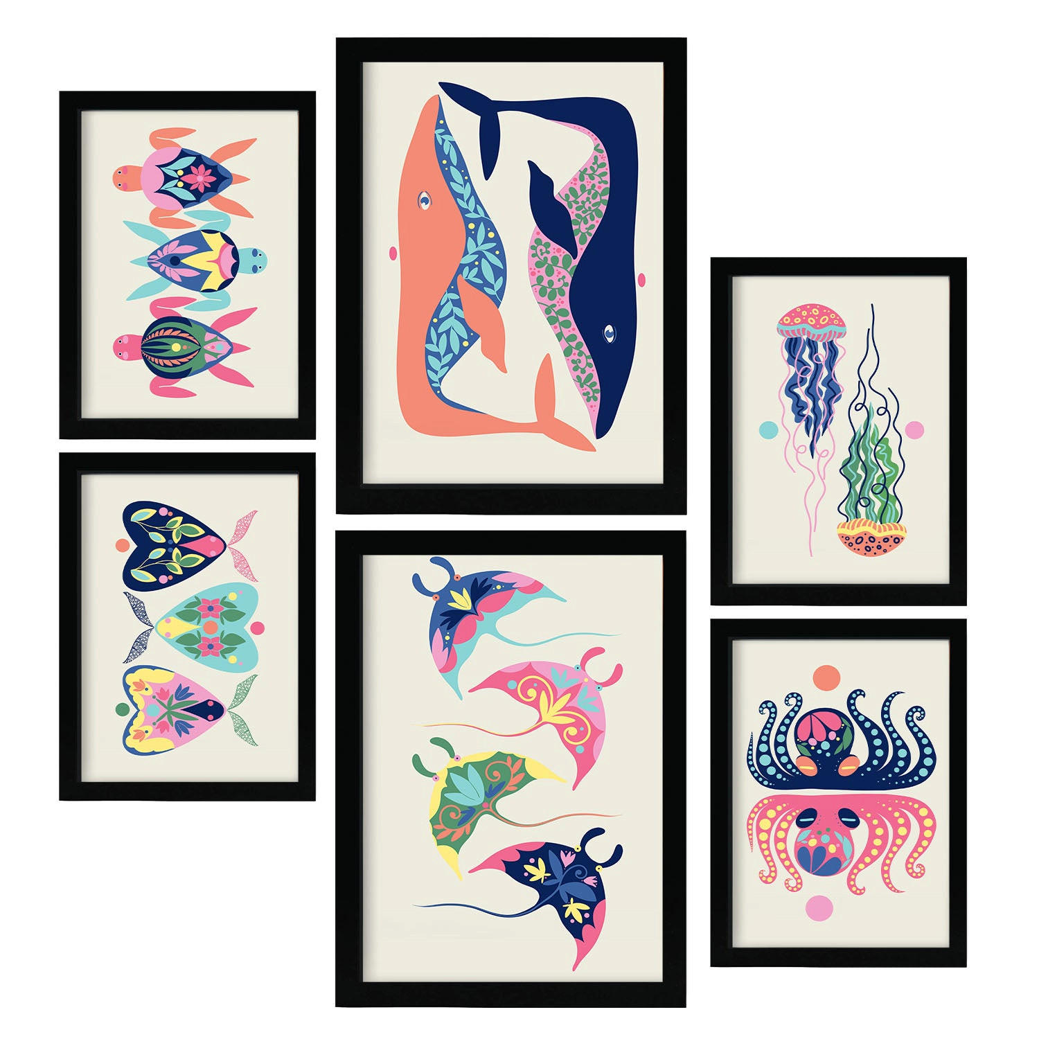 POSTER Set Mit 6 Wasserkreaturen In Tiere Zusammenfassungen A3 & A4 Schwarzer Rahmen - Schwarz, Papier (29/3cm) - Nacnic