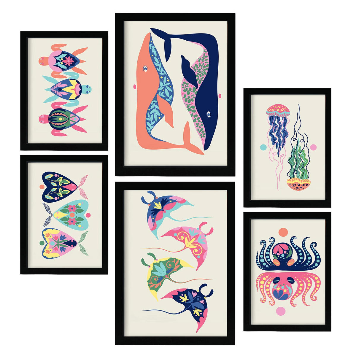 POSTER Set Mit 6 Wasserkreaturen In Tiere Zusammenfassungen A3 & A4 Schwarzer Rahmen - Schwarz, Papier (29/3cm) - Nacnic