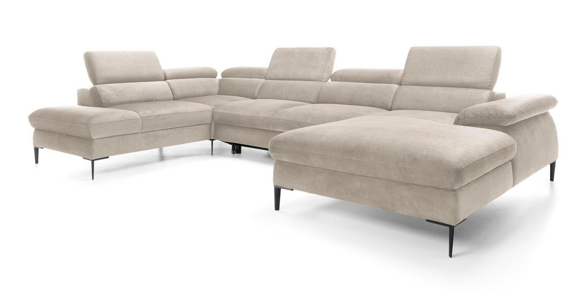 WOHNLANDSCHAFT MESTO Creme Velours-Stoff mit Schlaffunktion - Creme, Holz (353/94/182cm) - MASSENO