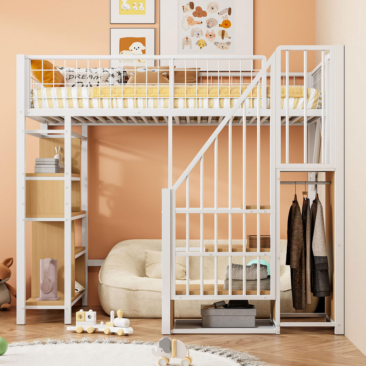 HOCHBETT 90/200 cm mit Stauraumtreppe und offenen Fächern, platzsparend, Weiß - Weiß, Metall (90/200cm) - Redom