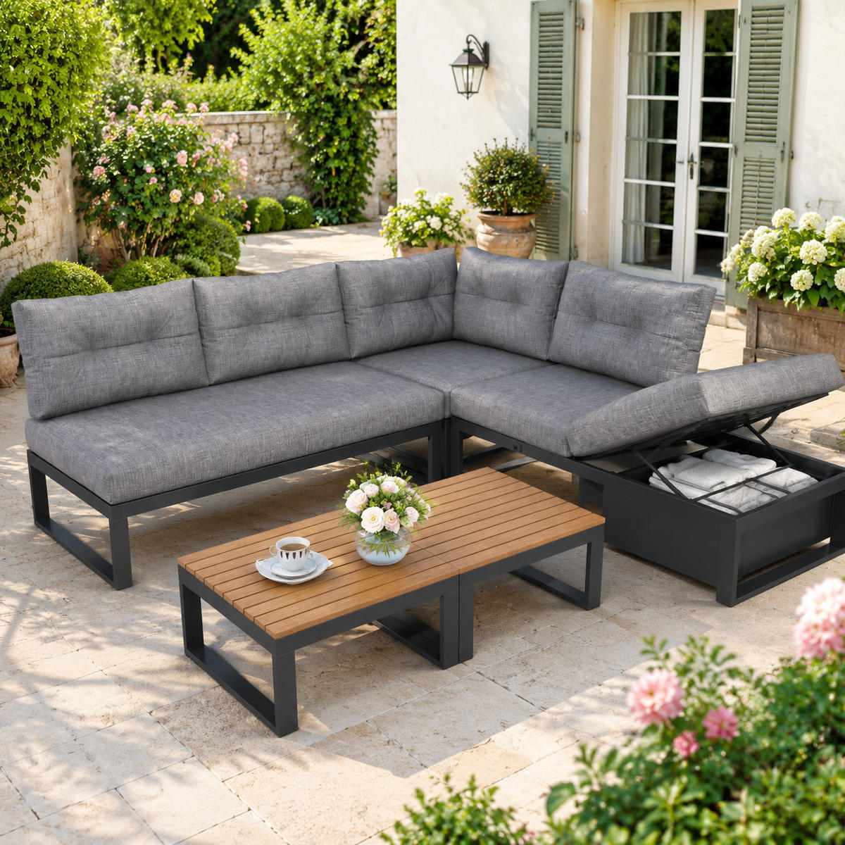 DINING-LOUNGESET Dunkelgrau L-Shaped mit Tisch - Grau, Textil - Kaket