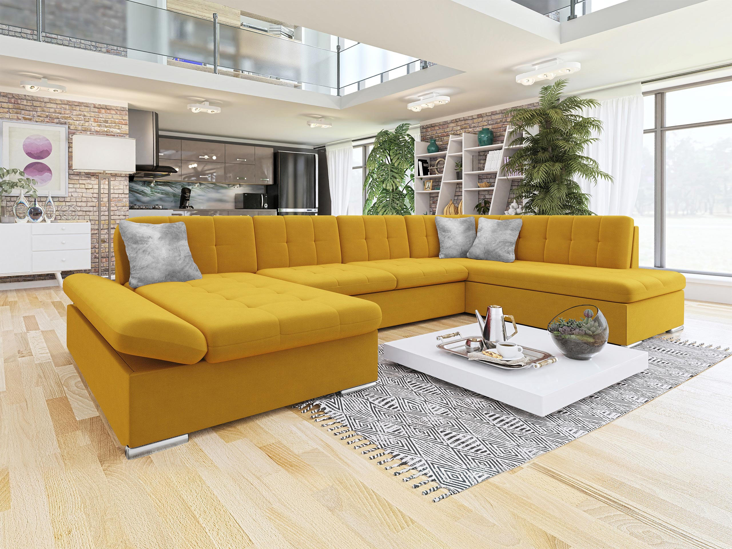 ECKSOFA Bergen Premium, Seite: Links - Gelb/Silberfarben, Holz/Textil (345/76/205cm) - MIRJAN24