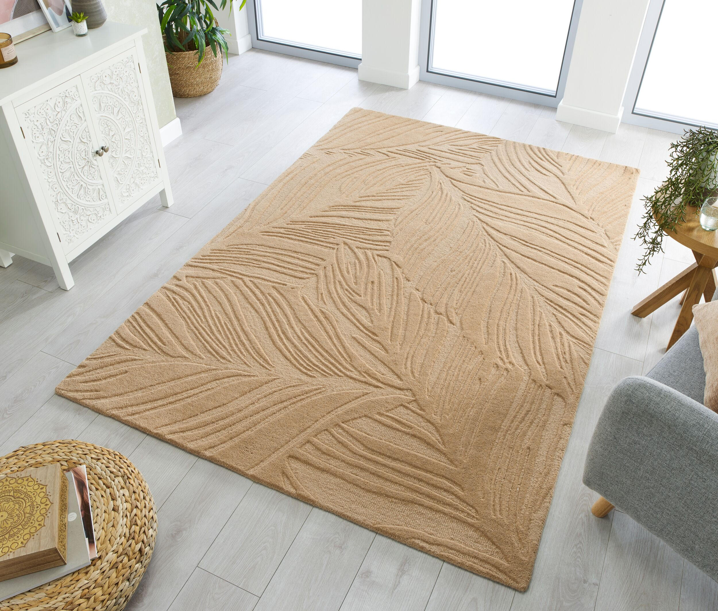 WOLLTEPPICH Blatt-Design, handgetuftet LEVEN LEE, Braun 120x170 cm - Braun, Textil (120/170cm) - KADIMA DESIGN
