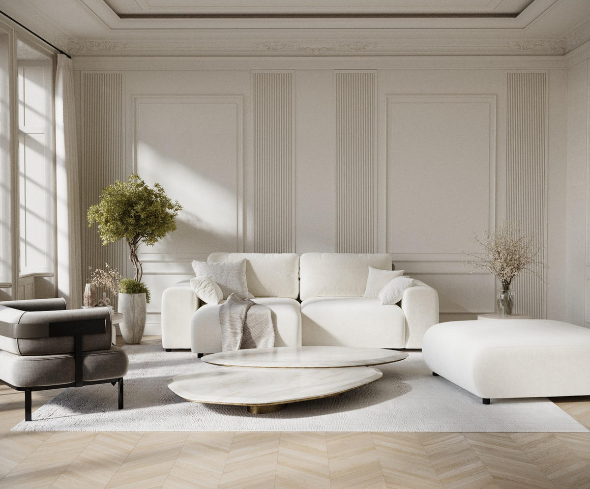 ECKSOFA Zanzibar Creme Samtstoff - Creme/Schwarz, Holz/Holzwerkstoff (237/144cm) - Maison de Reve