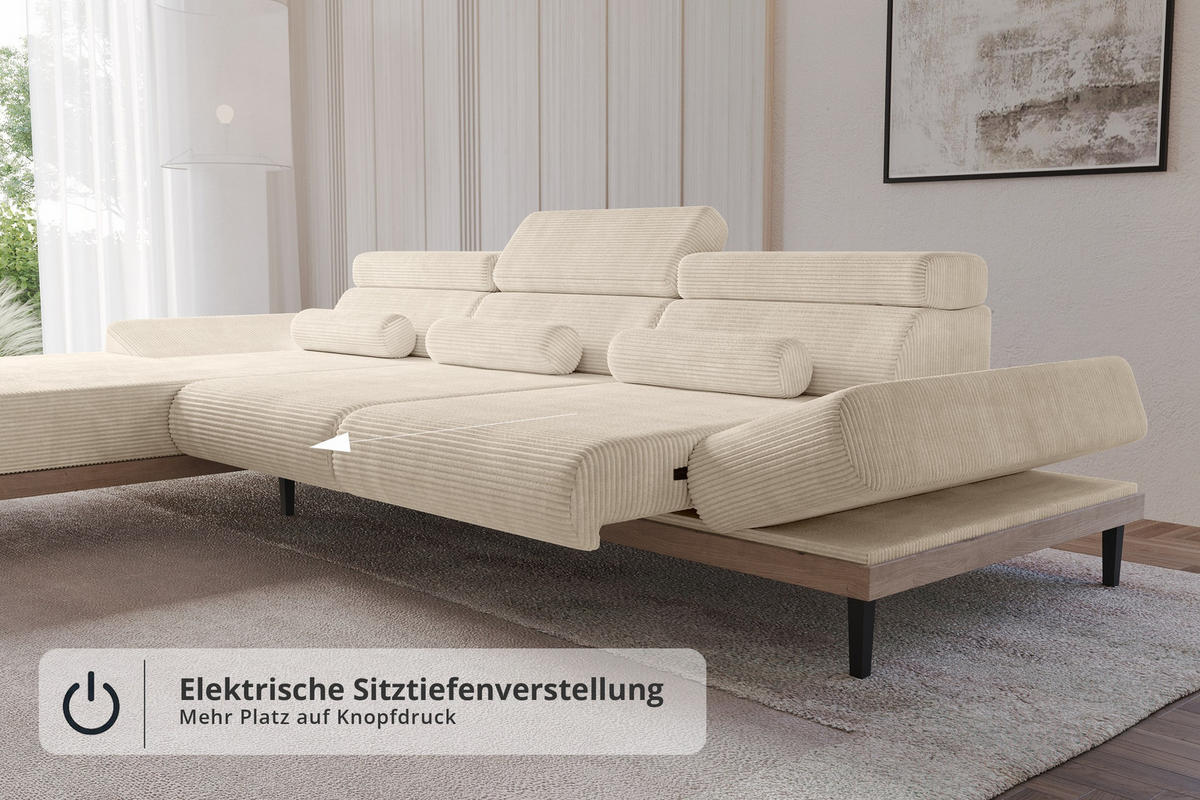 ELEKTRISCHES ECKSOFA Links MONA 316x205x85 Beige Cord - Sandfarben/Beige, Holzwerkstoff/Textil (316/205cm) - ALTDECOR