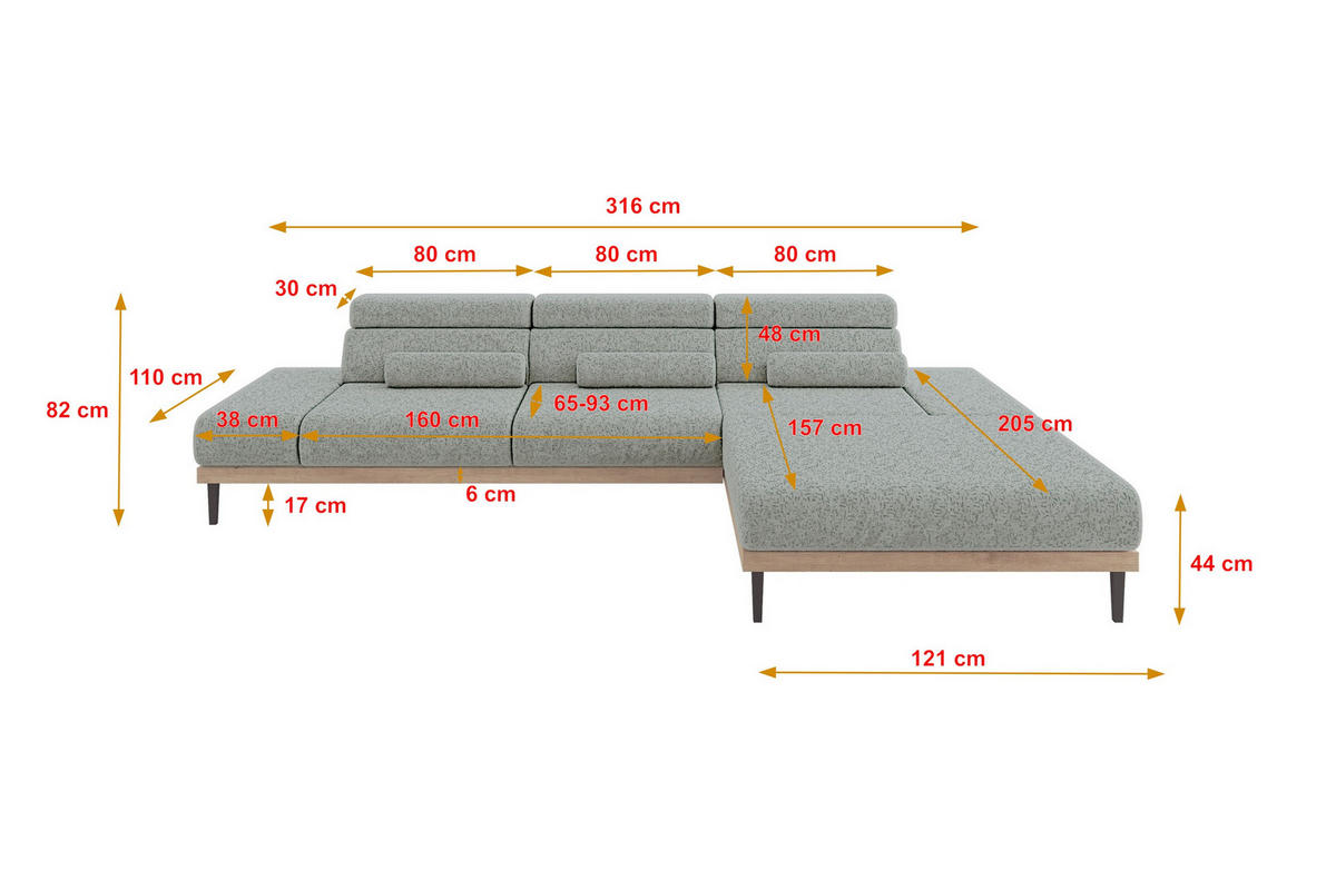 ELEKTRISCHES ECKSOFA Rechts MONA 316x205x85 Grün Velours - Mintgrün, Holzwerkstoff/Textil (316/205cm) - ALTDECOR