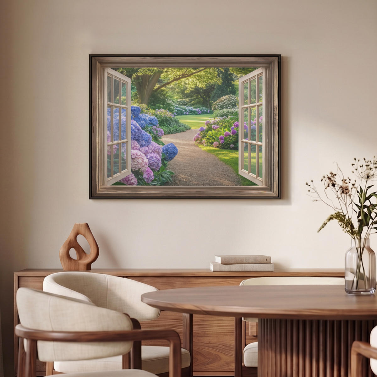 LEINWAND Bilder mit Rahmen - Aussicht - Garten - Fenster - Hortensie - Blumen - 70x50 - Pastellblau, Textil (70/50cm) - MuchoWow