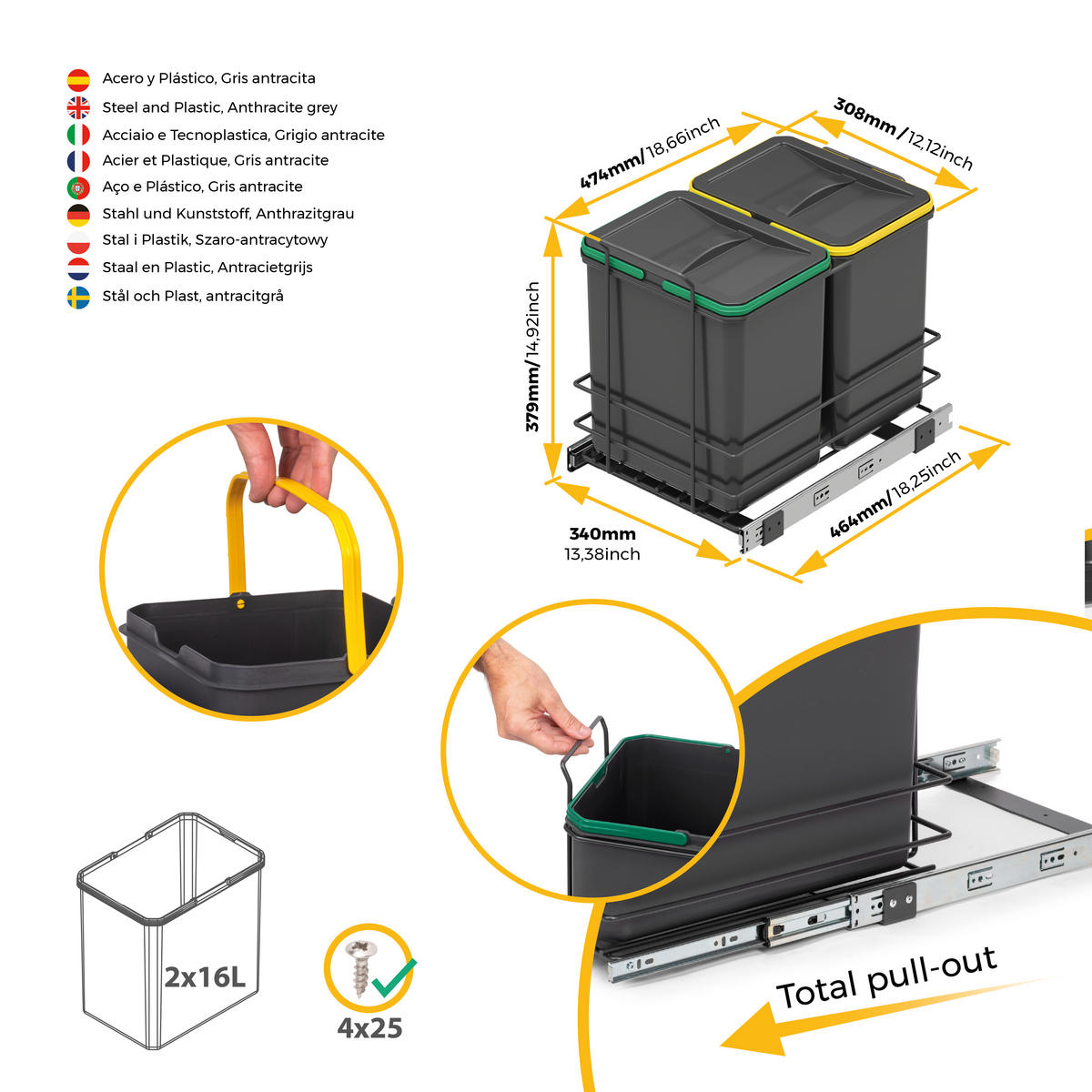 RECYCLINGBEHÄLTER für die Küche, 2 x 16 L, Bodenbefestigung und Handauszug, Anthrazitgrauer Kunststoff - Anthrazit, Metall (34/38/46.4cm) - EMUCA