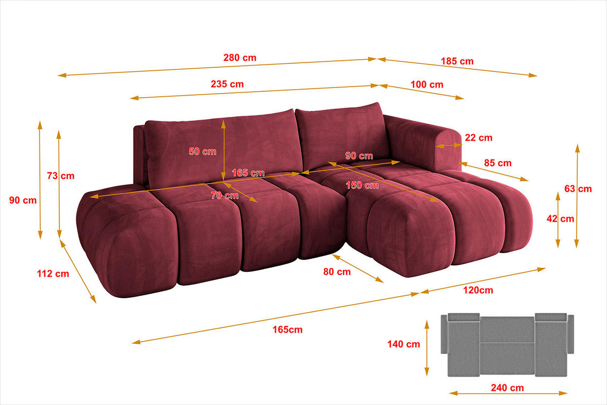 ECKSOFA Ottomane Rechts CLOUD-L 280x185x90 Bordeaux Velours - Bordeaux, Holzwerkstoff/Kunststoff (185/280cm) - ALTDECOR