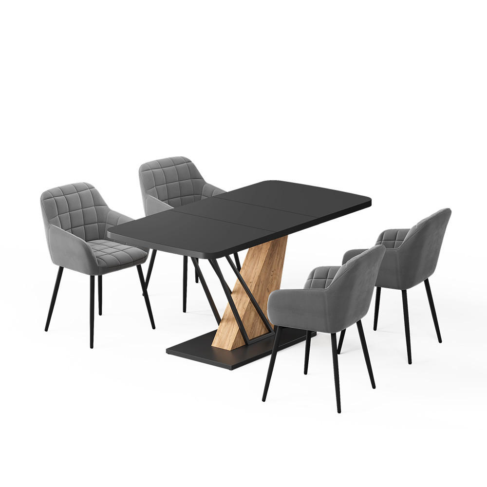 JEDILNA MIZA Fenaro, Črna/Zlati hrast z močjo, 120 x 80 cm s 4 jedilnimi stoli - črna/barve hrasta, leseni material (120/76/80cm) - Vicco