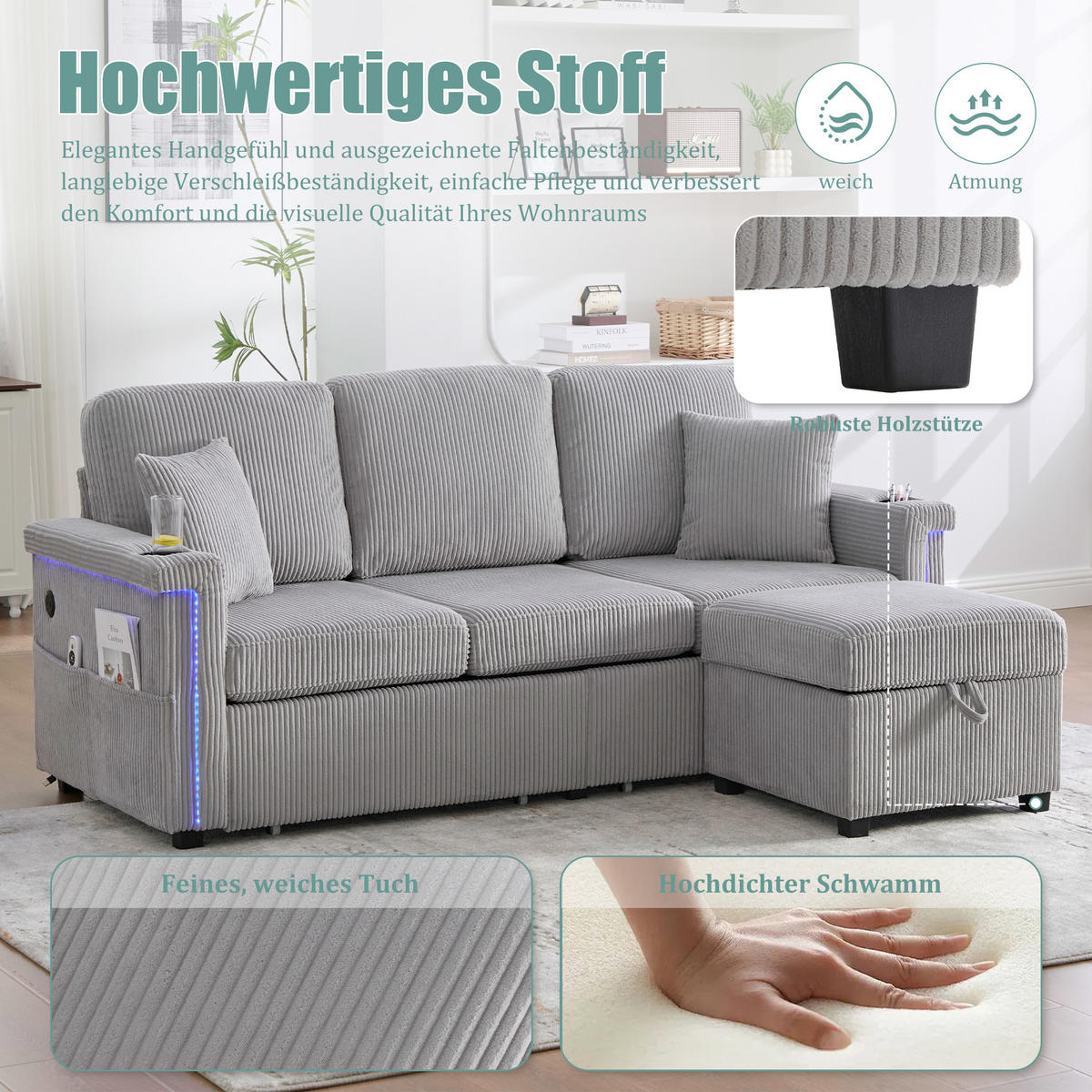 MODULARES Sofa Corduroy mit LED und USB-Anschluss Stauraum und Taschen 194/73/81 cm Hellgrau - Hellgrau, Textil (73/194cm) - Redom
