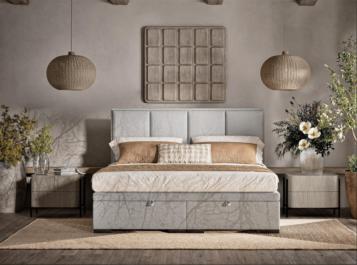 POLSTERBETT Fogo 180/200 cm, in Hellgrau, Bettkasten, gepolstertes Kopfteil - Hellgrau/Schwarz, Holz/Holzwerkstoff (180/200cm) - Maison de Reve
