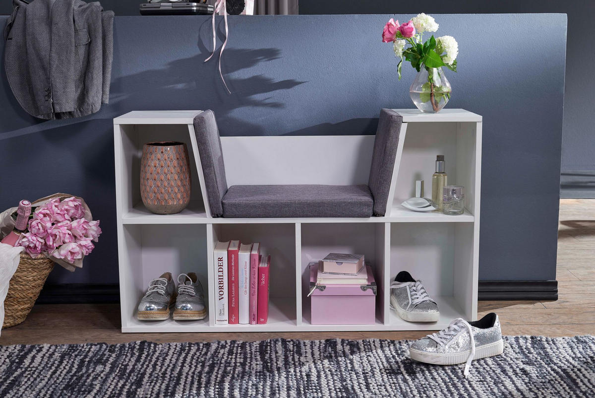 SCHUHBANK – Weiß matt, 101,5x61,5x30 cm, Sitzfläche Grau, 6 Fächer - Weiß/Grau, Holz/Textil (102/62/30cm) - KADIMA DESIGN