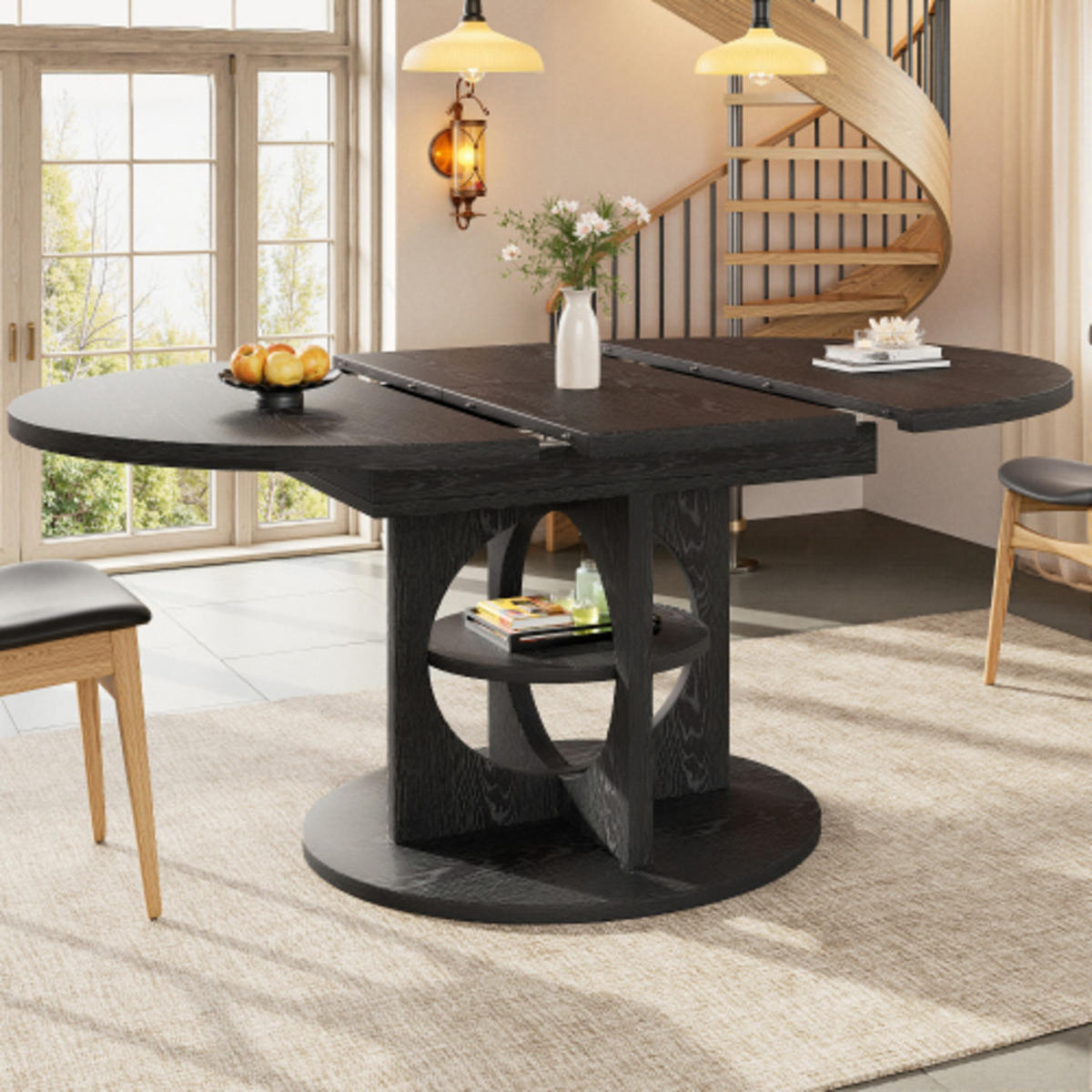 ESSTISCH Ausziehbarer 110-150×110×76 cm aus MDF und Metall mit mittlerem Ablageregal, schwarz - Schwarz, Holzwerkstoff (150/110/76cm) - Luhomfu