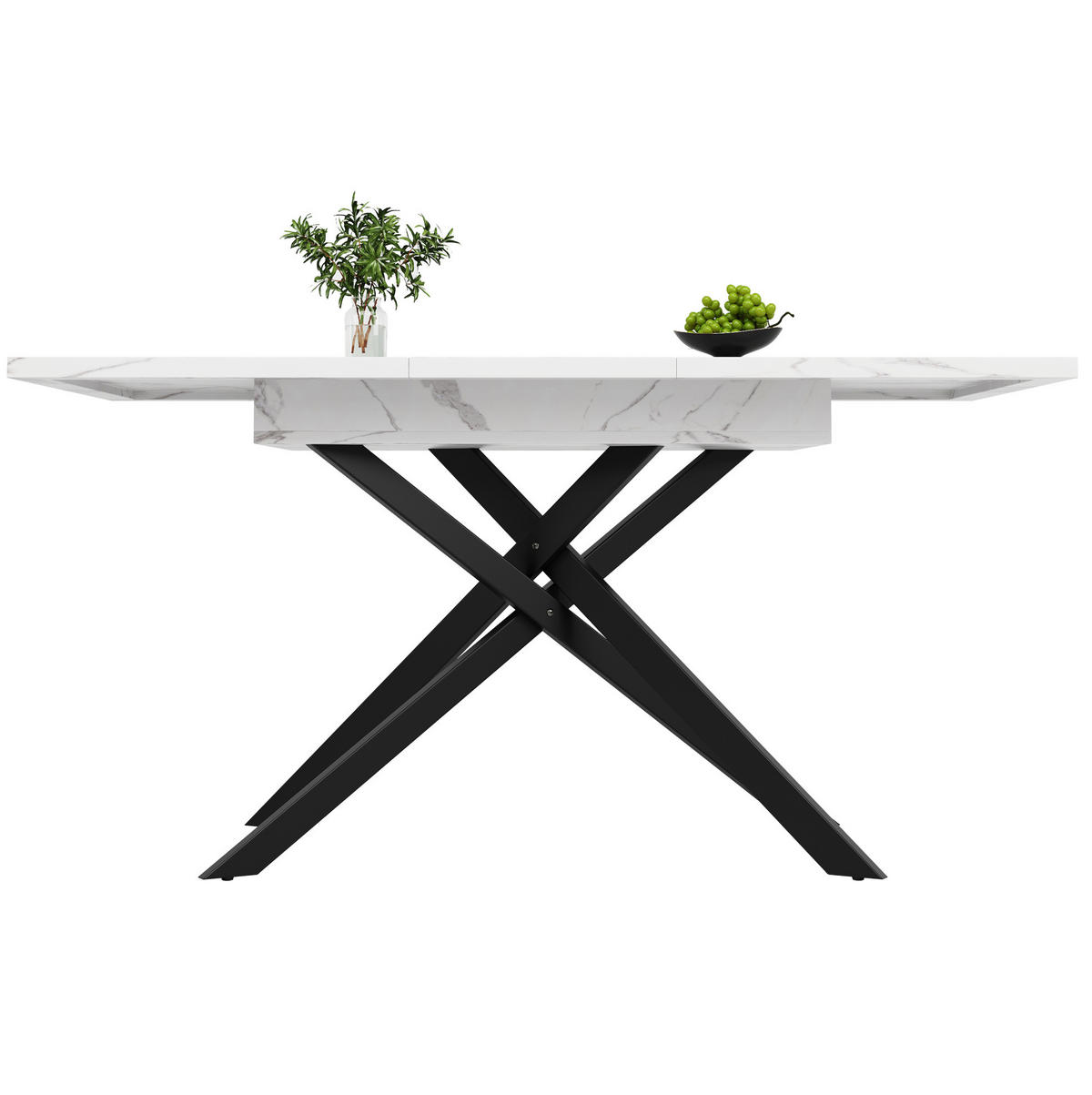 ESSTISCH 120-160x80x77 cm in Weiß und Schwarz aus MDF mit Marmoroptik auf Metall-Kreuzbeinen ausziehbar - Weiß, Holzwerkstoff (160/80/76.5cm) - Modfu