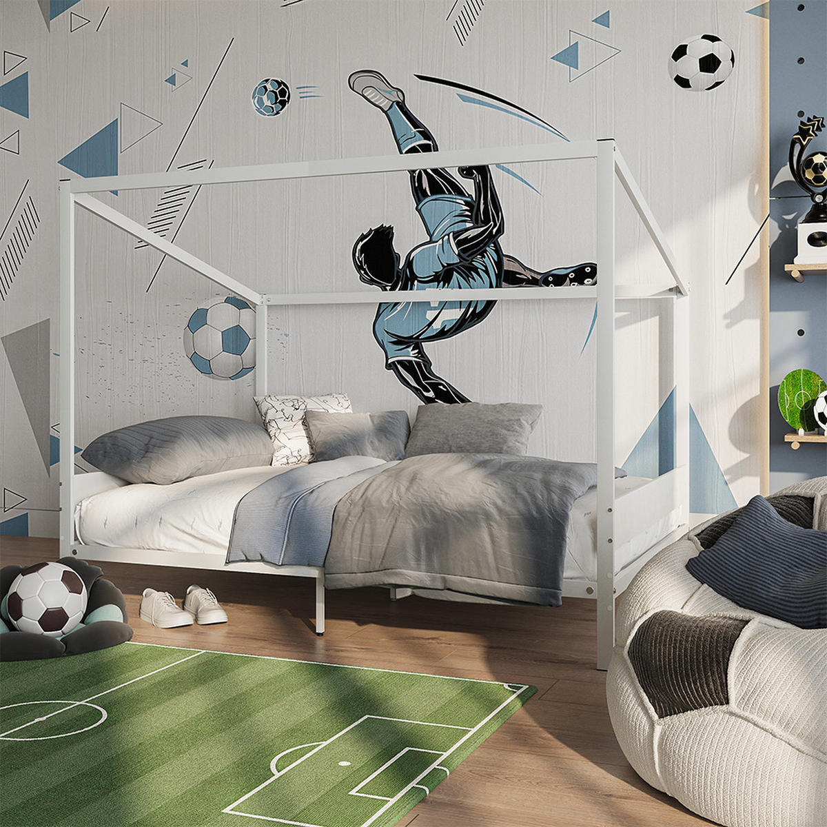 KINDERBETT Goal, Weiß/Schwarz, 140x200 - Schwarz/Weiß, Metall - VitaliSpa