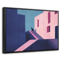 LEINWAND Bilder mit Rahmen - Katze - Treppe - Gebäude - Schattenkontraste - 30x20 - Dunkelblau, Textil (30/20cm) - MuchoWow
