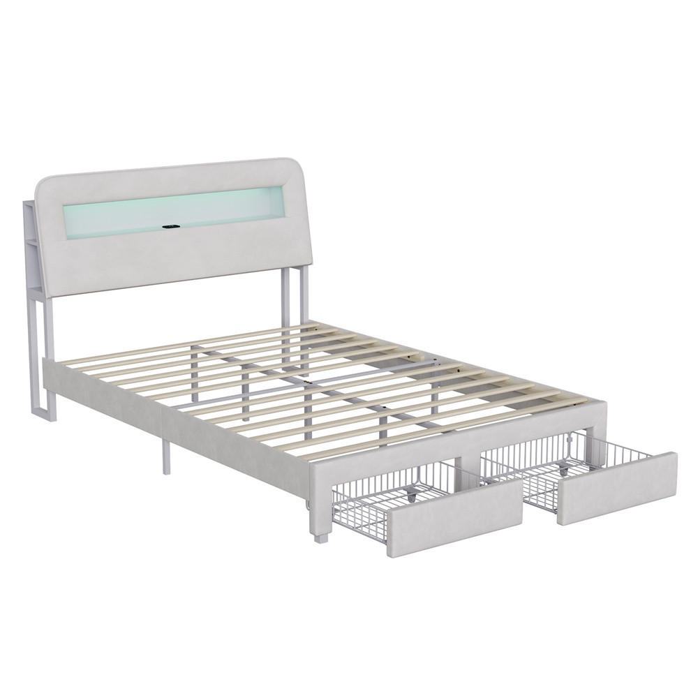 POLSTERBETT 140 x 200 cm - offene Seitenregale mit LED-Beleuchtung und Schubladen - ohne Matratze - Cremeweiß - Creme, Textil (140/200cm) - DELFA