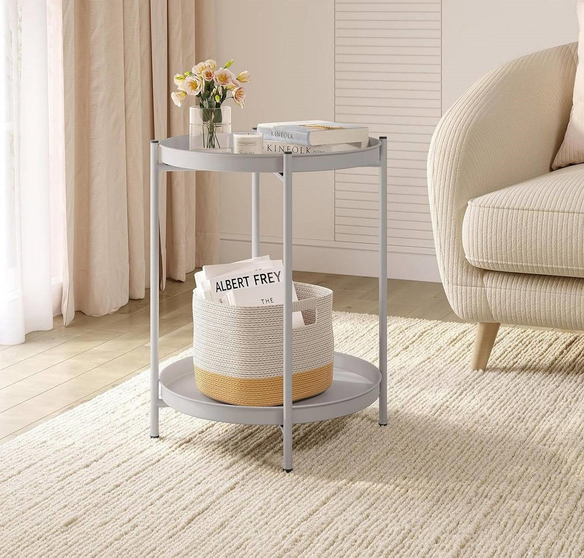 COUCHTISCH rund, mit Stauraum, Metall, Hellgrau - Hellgrau, Metall (44/44/53cm) - Woltu