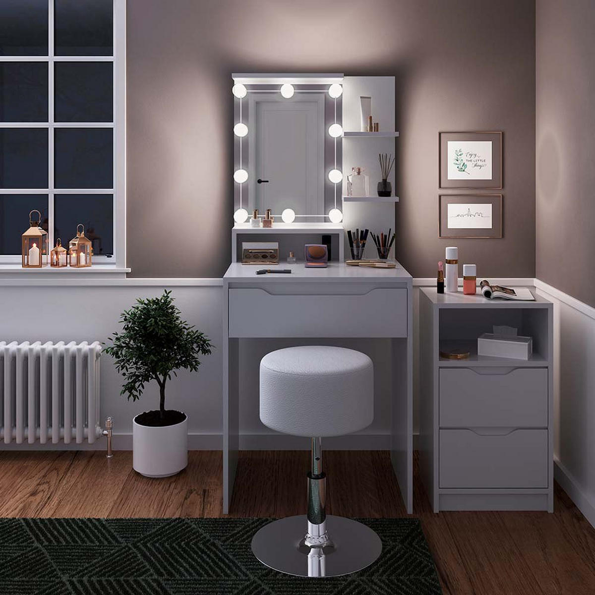SCHMINKTISCH Ruben Weiß mit Schubladenschrank LED Beleuchtung und Hocker - Weiß, Holzwerkstoff (60/142.7/48cm) - Vicco