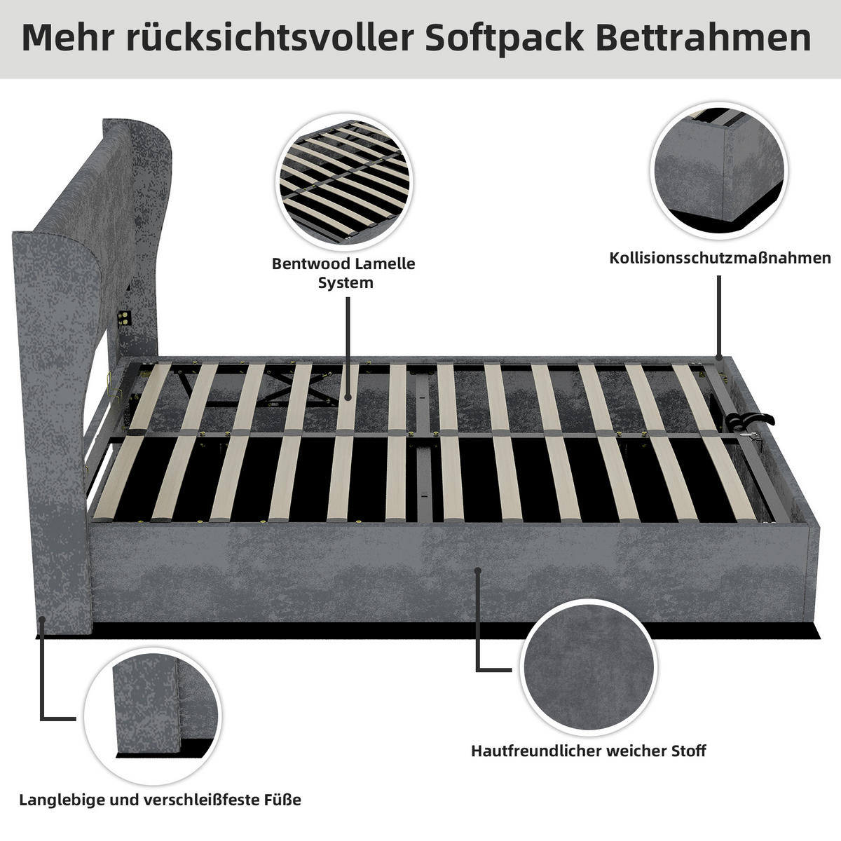 POLSTERBETT 140/200 cm in Grau Samt - Grau, Holzwerkstoff/Textil (140/200cm) - WISHDOR