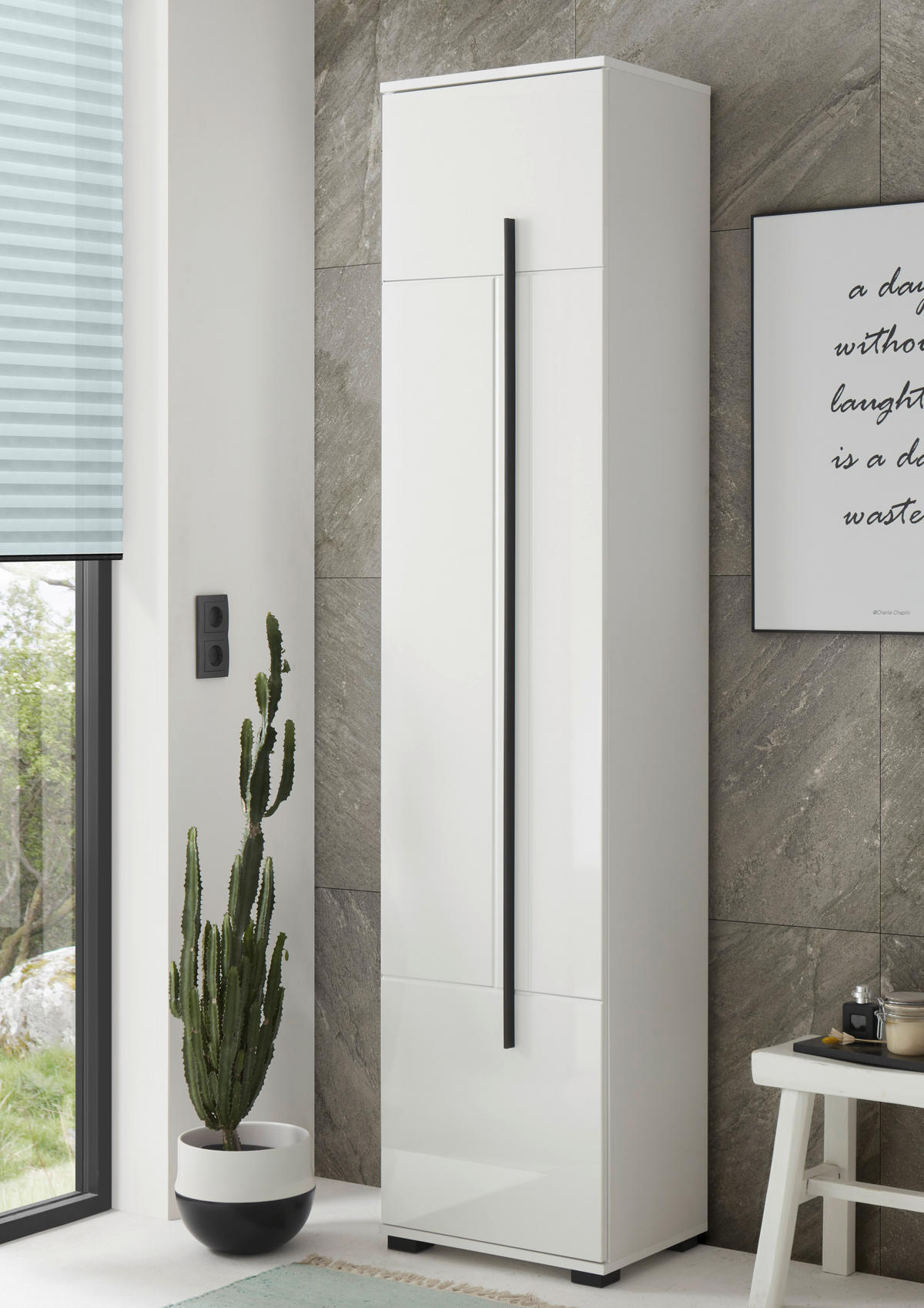 BADSCHRANK M12 Weiß Hochglanz 45/200/35 cm hoch links - Weiß Hochglanz, Holzwerkstoff (45/200/35cm) - Livojo