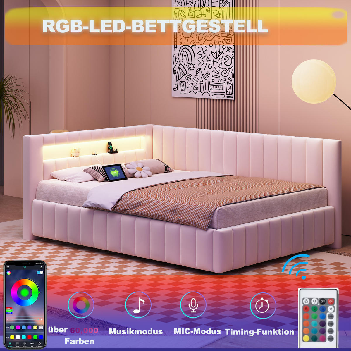 SCHLAFSOFA 140/200 cm in Beige Samt mit LED und USB - Beige, Holzwerkstoff/Textil (140/200cm) - WISHDOR