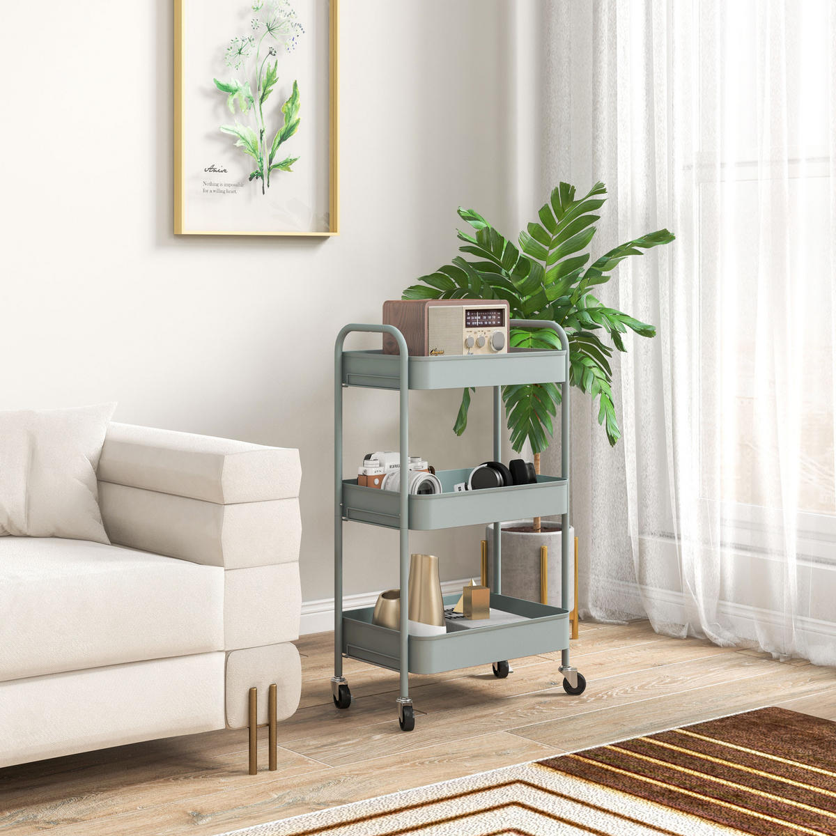 SERVIERWAGEN Rollwagen mit 3 Etagen, für Küche, Wohnzimmer, Stahl, Hellblau - Hellblau, Metall (30.6/79/45cm) - HOMCOM