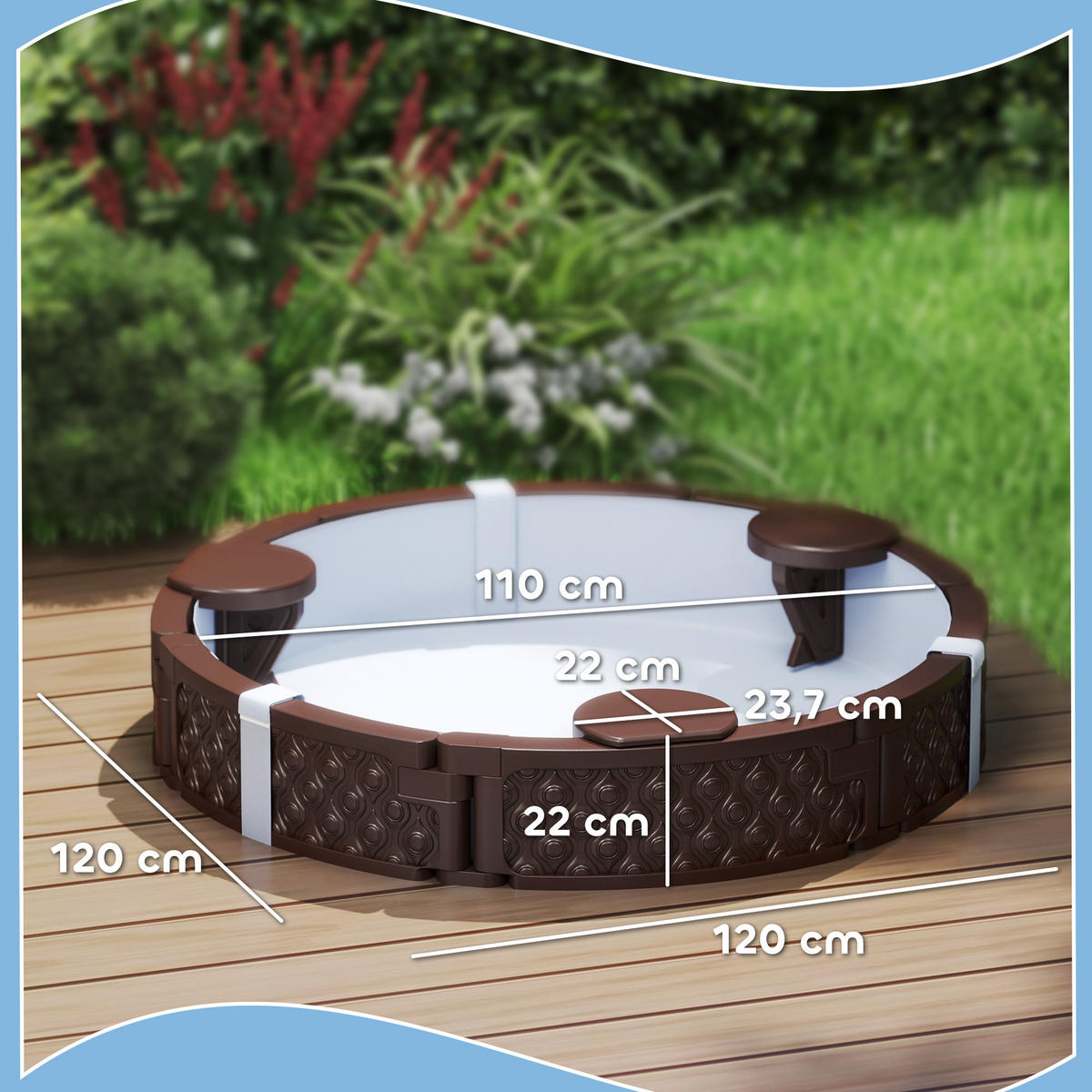 SANDKASTEN Runde Sandkiste für bis zu 3 Kinder, mit 3 Sitzen, Dunkelblau - Braun, Kunststoff (120/120/22cm) - AIYAPLAY