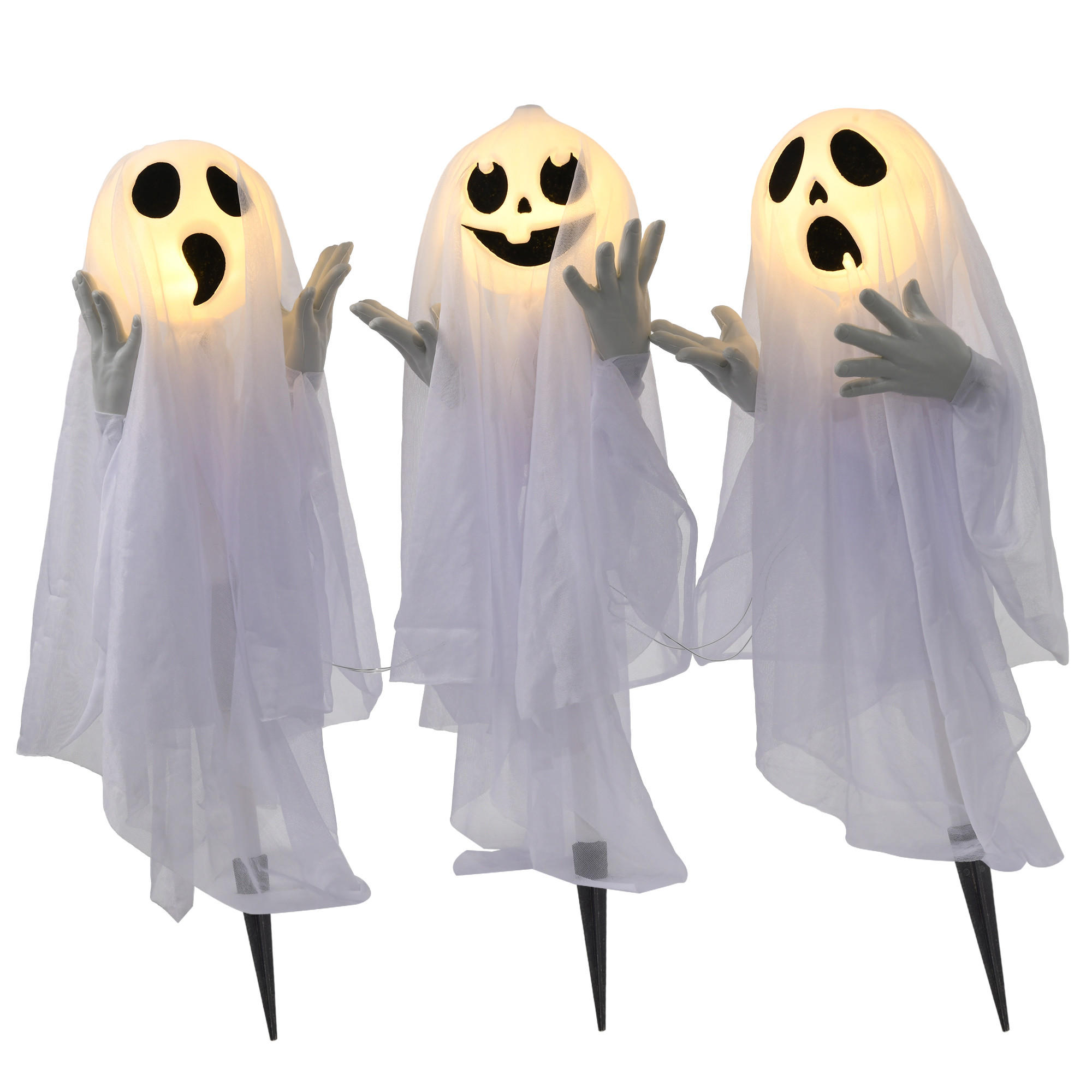 HOMCOM 3DÍLNÁ SADA halloweenské dekorace Halloweenské sloupky s duchy a LED světly