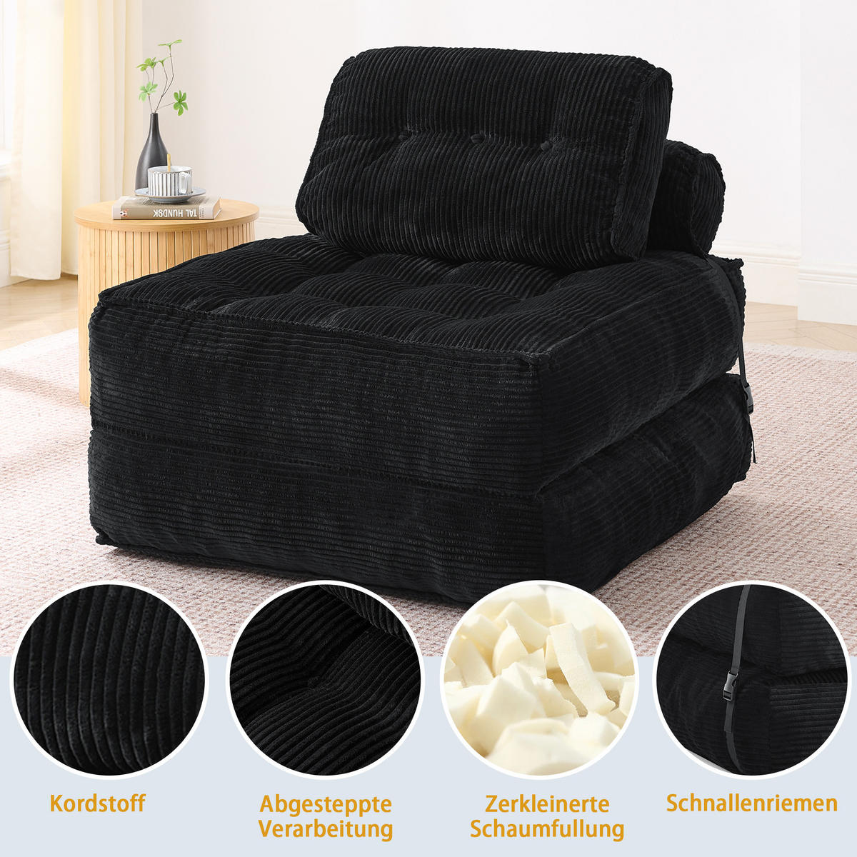 KLAPPSOFA 2-in-1，mit verstellbarer Rückenlehne, Schwarz - Schwarz, Textil (85/74.8/85cm) - Vallsero
