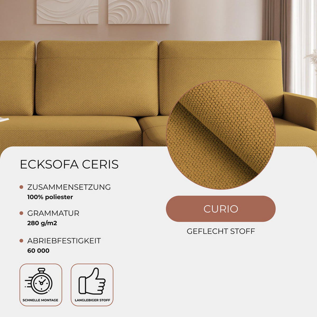 ECKSOFA CERIS mit Schlaffunktion und Bettkasten Gelb - Gelb, Holzwerkstoff/Kunststoff (250/160cm) - Idohome
